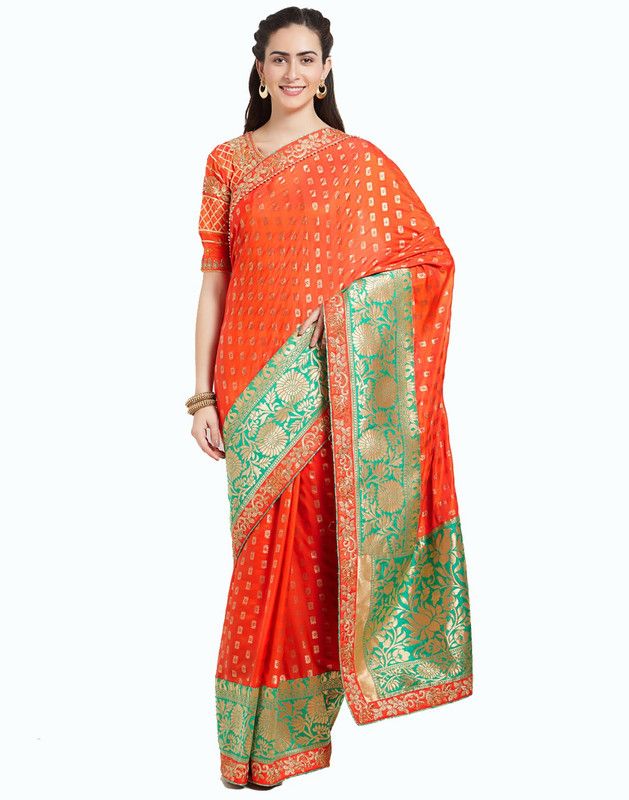 Embroidered Bollywood Silk Blend, Cotton Blend Saree  (Green, Orange)