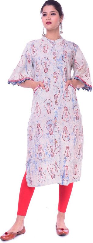 Women Printed Pure Cotton Straight Kurta  (Red, White, Blue)