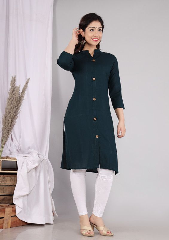Women Solid Viscose Rayon Frontslit Kurta  (Dark Blue)
