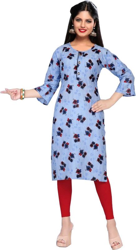 Women Woven Design Pure Cotton A-line Kurta  (Light Blue)