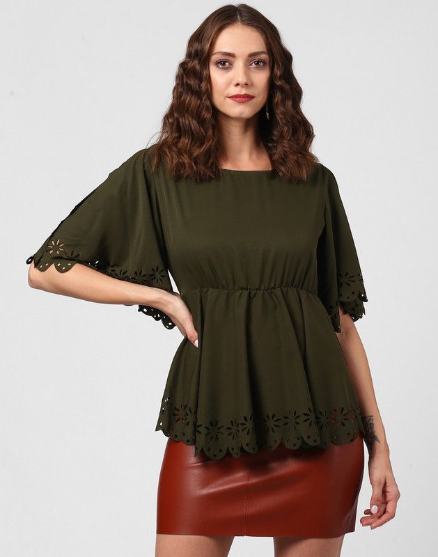 Casual Regular Sleeves Lace, Solid Women Dark Green Top