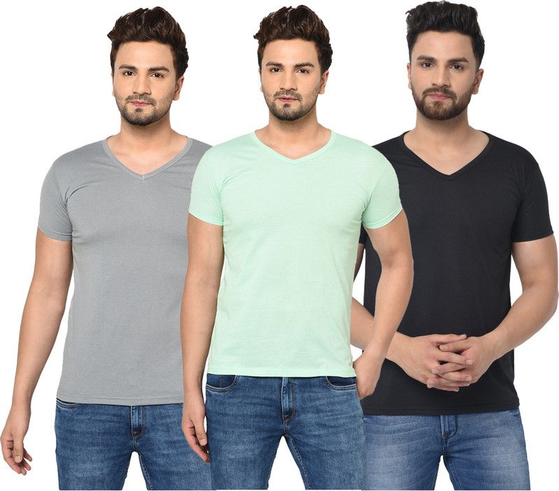 Pack of 3 Men Solid V Neck Cotton Blend Black, Grey, Light Green T-Shirt