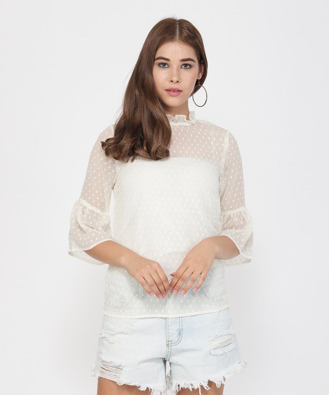 Casual Bell Sleeves Self Design Women White Top