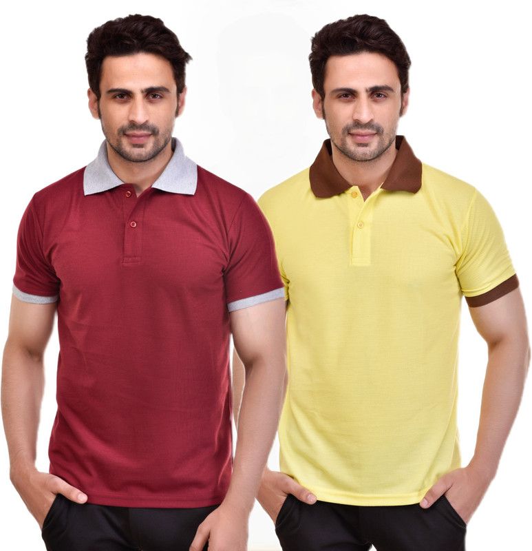 Pack of 2 Men Solid Polo Neck Polyester Maroon, Yellow T-Shirt
