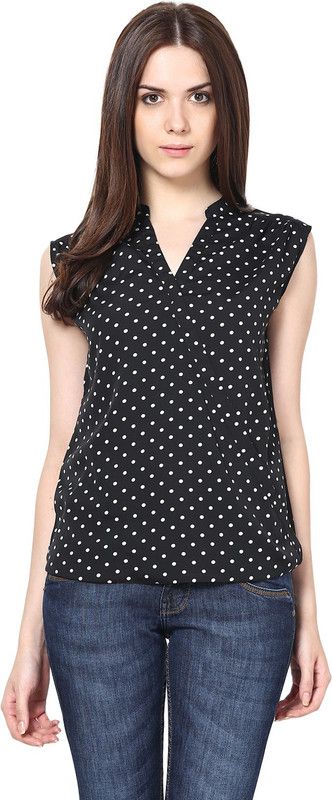 Casual Sleeveless Printed, Polka Print Women Black Top