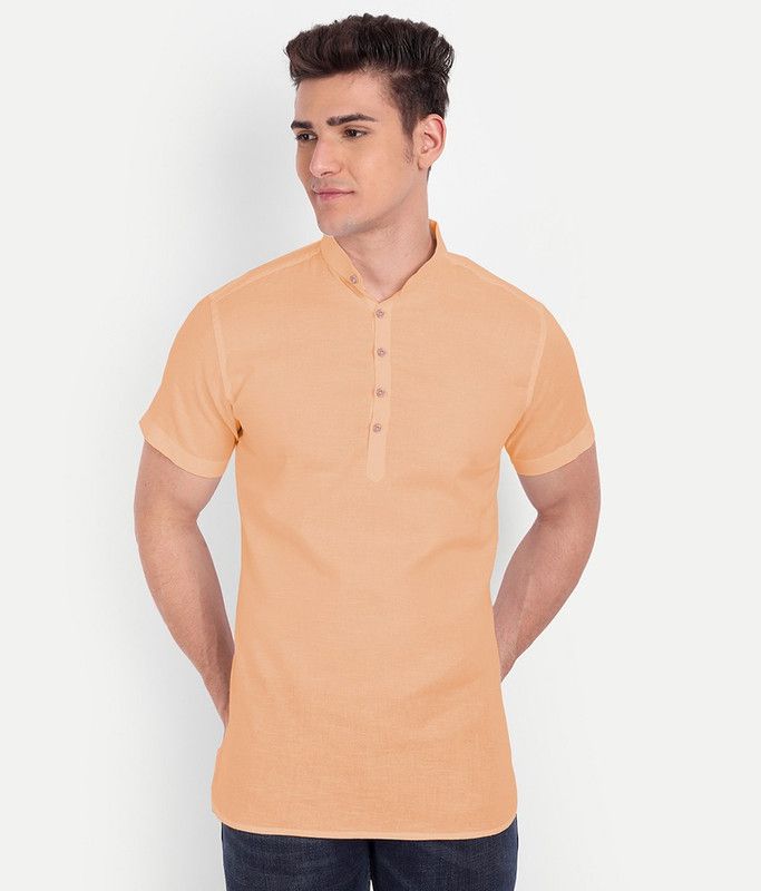 Men Solid Pure Cotton Pathani Kurta  (Orange)