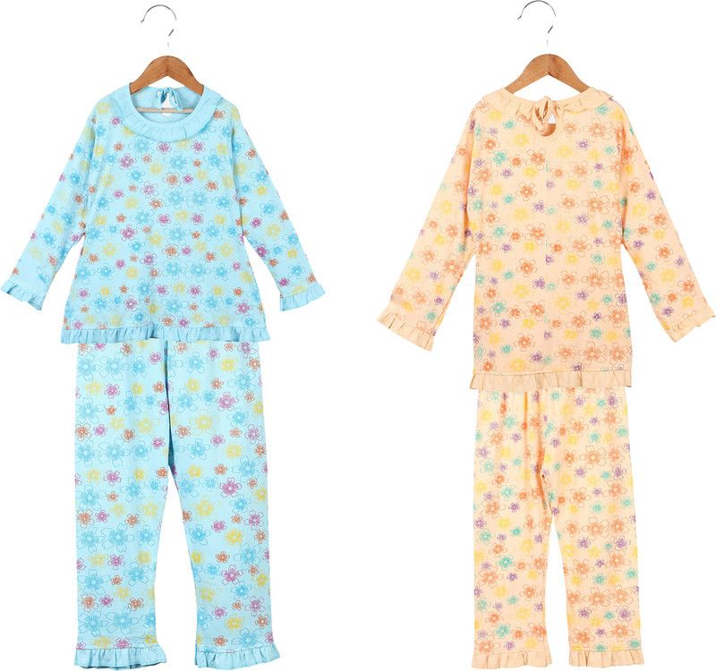 Girls Top & Pyjama Set Light Blue, Beige Floral Print