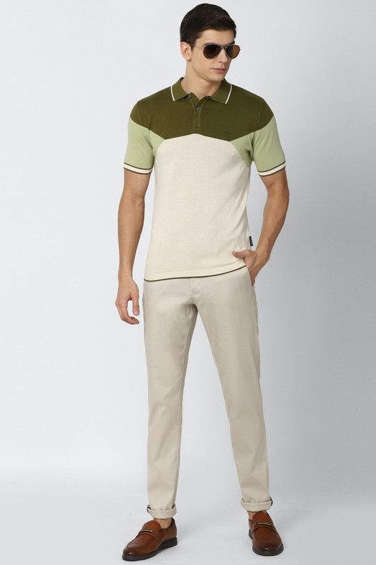 Men Colorblock Polo Neck Cotton Blend Beige T-Shirt