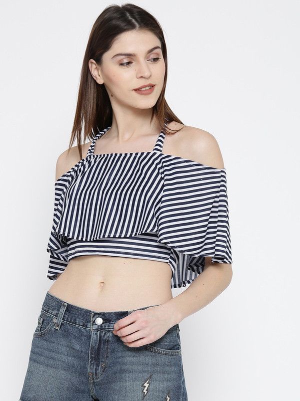 Casual Shoulder Straps Striped Women Dark Blue Top