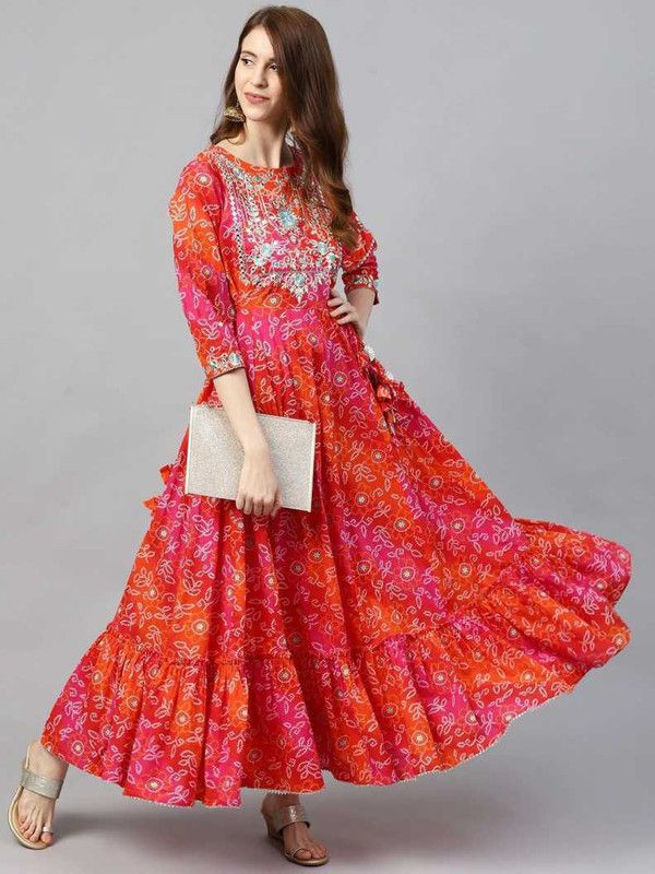 Women Printed Viscose Rayon Anarkali Kurta  (Pink, Orange)