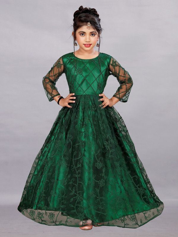 Girls Maxi/Full Length Festive/Wedding Dress  (Green, 3/4 Sleeve)