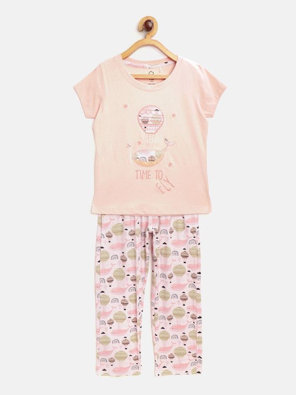 Girls Printed, Embroidered Cotton Blend Kids Nightwear  (Multicolor Pack of 1)