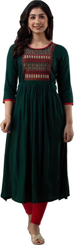 Women Embroidered Art Silk Gown Kurta  (Green)