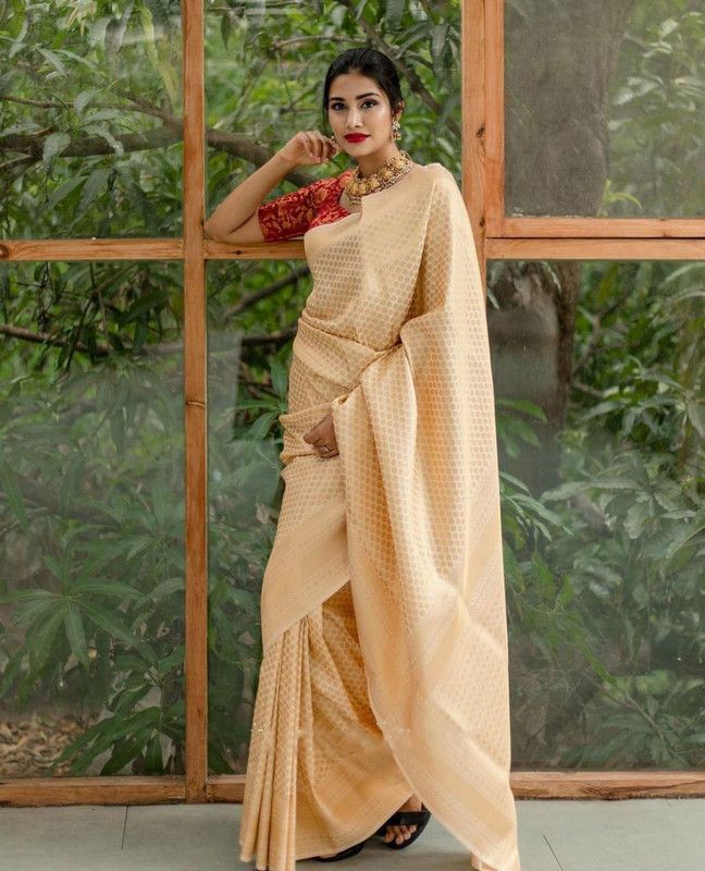 Banarasi Cotton Silk Saree  (Cream)