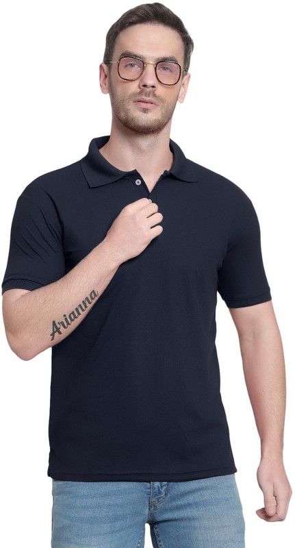Men Solid Polo Neck Elastane Dark Blue T-Shirt