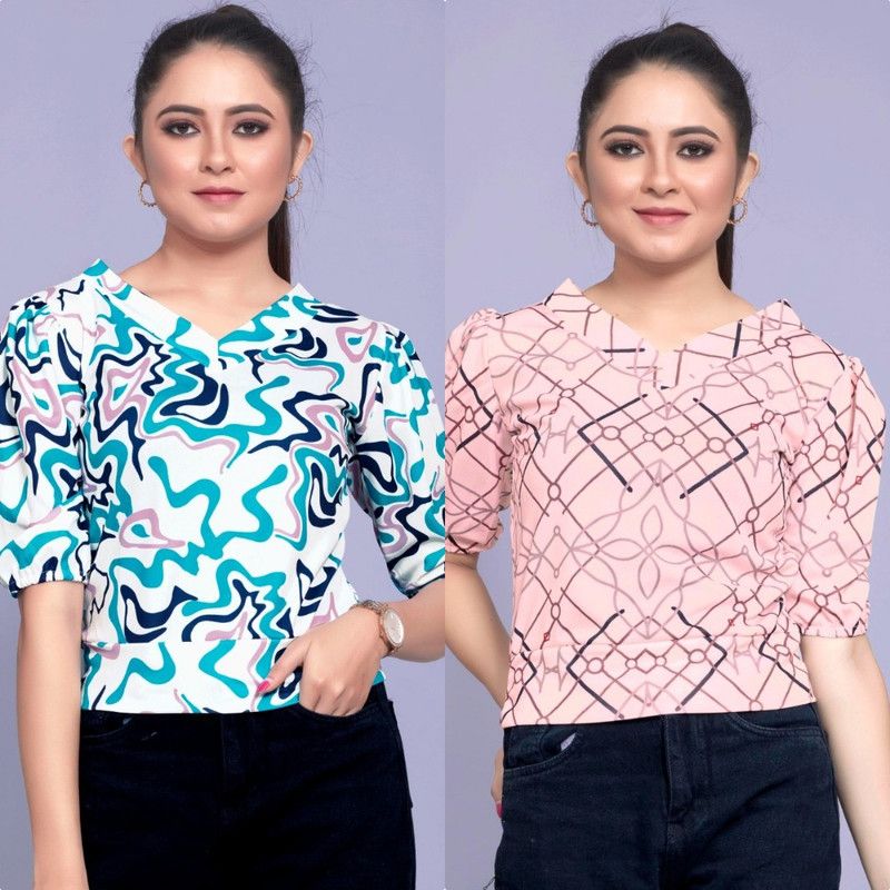 Pack of 2 Casual Puff Sleeves Printed Women Light Blue, Pink Top