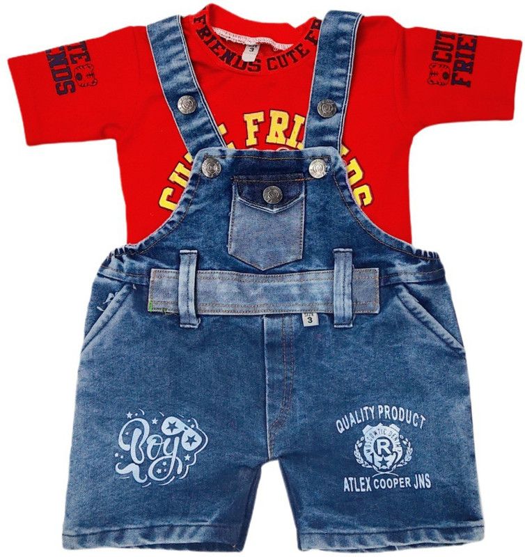 Dungaree For Baby Boys & Baby Girls Casual Printed Denim  (Multicolor, Pack of 1)