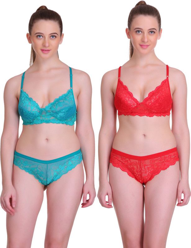 Bra & Panty Set Embroidered Red, Blue Lingerie Set