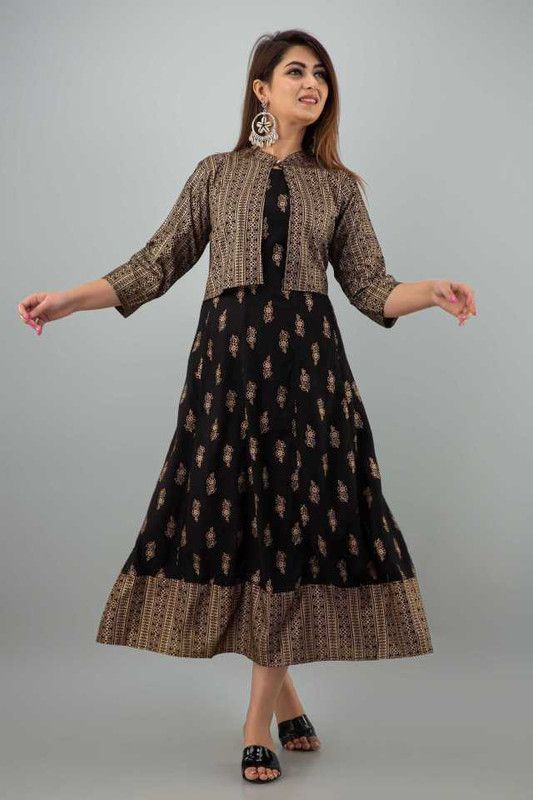 Floral Print Rayon Blend Stitched Flared/A-line Gown  (Black)