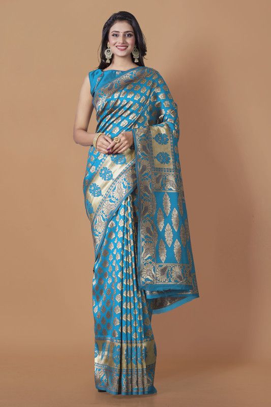 Woven Banarasi Silk Blend, Jacquard Saree  (Light Blue)