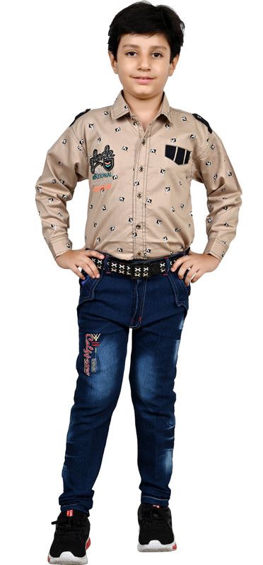 Boys Casual Shirt Jeans  (Beige)