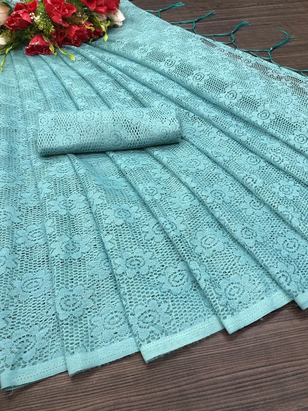 Printed Banarasi Net Saree  (Light Blue)