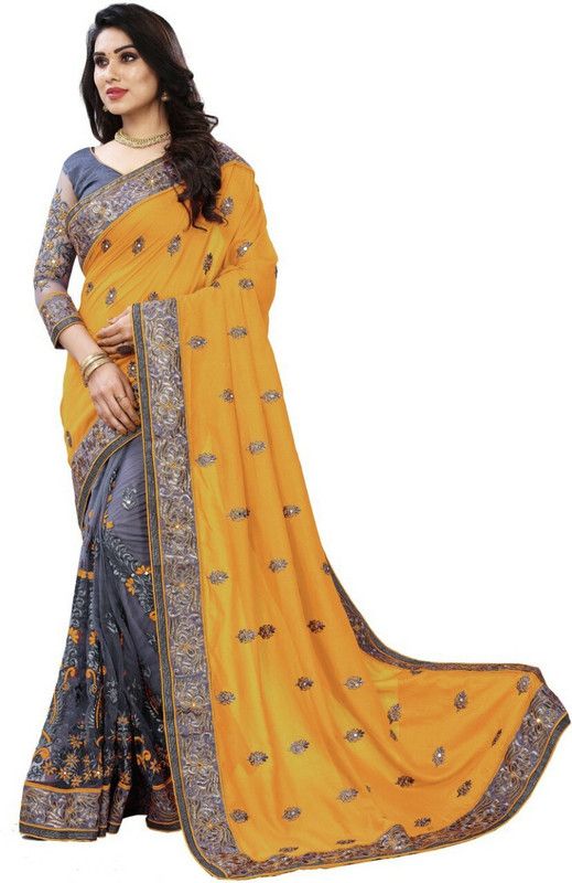 Embroidered Banarasi Silk Blend, Net Saree  (Mustard)