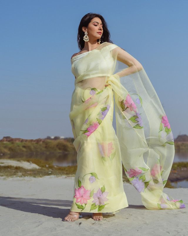 Digital Print Bollywood Organza Saree  (Yellow)