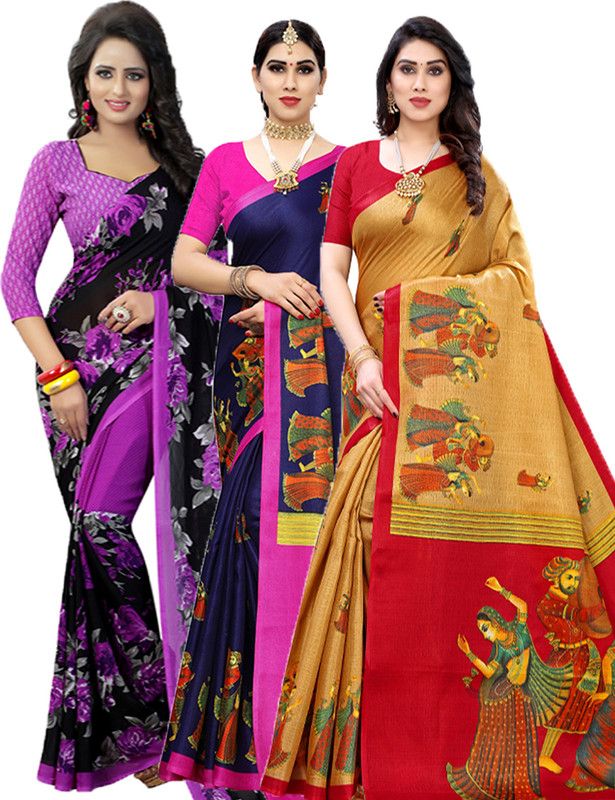 Printed Bollywood Georgette Saree  (Pack of 3, Purple, Pink, Cream)