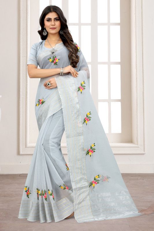 Embroidered Fashion Cotton Blend Saree  (Grey)