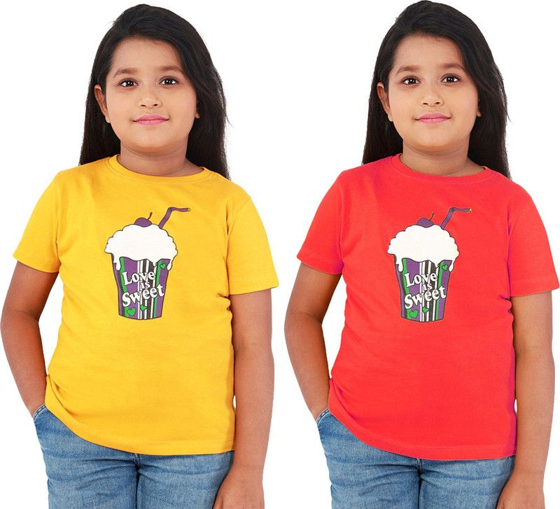 Girls Printed Cotton Blend T Shirt  (Orange, Pack of 2)