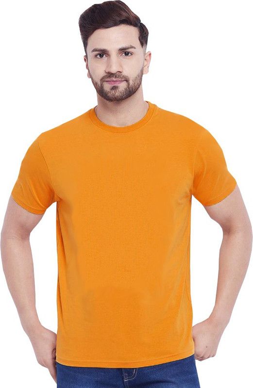 Men Solid Round Neck Pure Cotton Gold T-Shirt