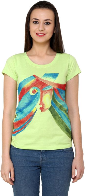 Mysterious Lady Women Printed Round Neck Cotton Blend Green T-Shirt