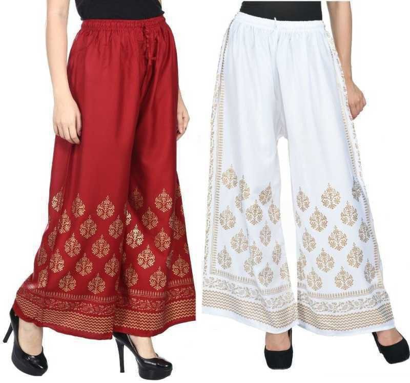 Pack of 2 Women Relaxed Maroon, White Viscose Rayon Trousers