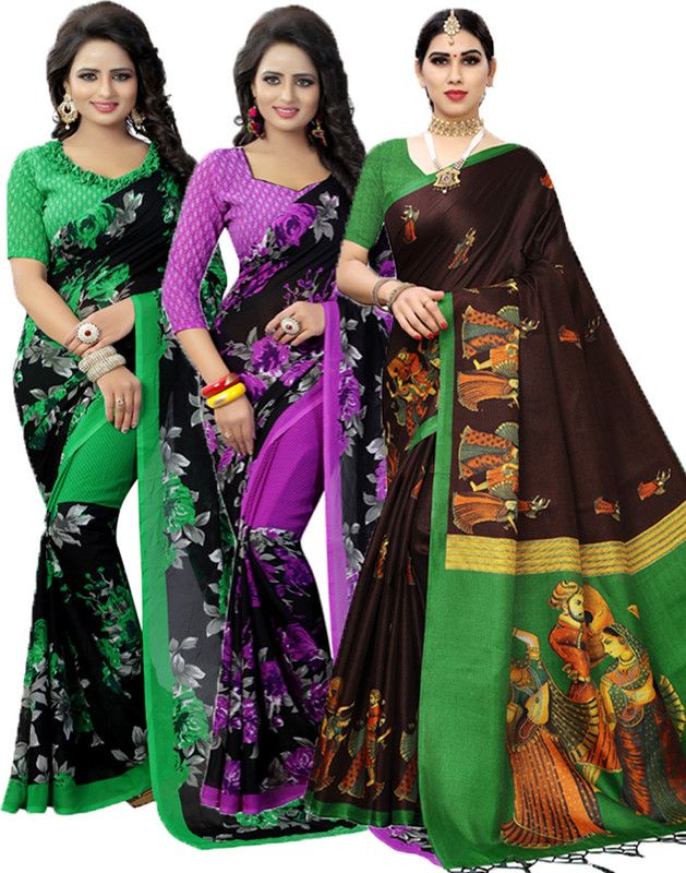 Printed Daily Wear Georgette Saree  (Pack of 3, Green, Purple)