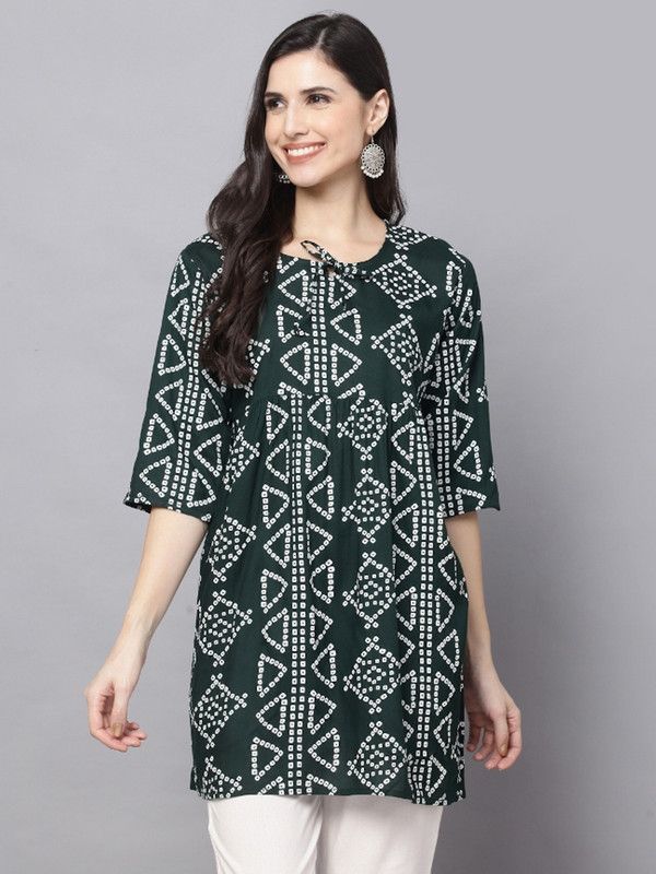 Women Bandhani Cotton Rayon Flared Kurta  (Green)
