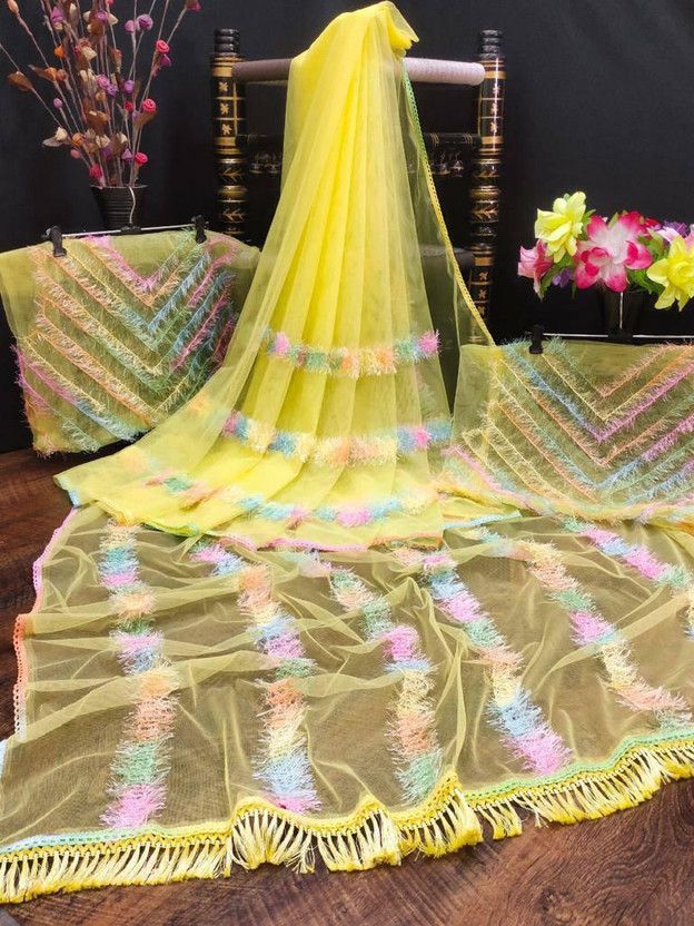 Printed, Embroidered Bollywood Net Saree  (Yellow)