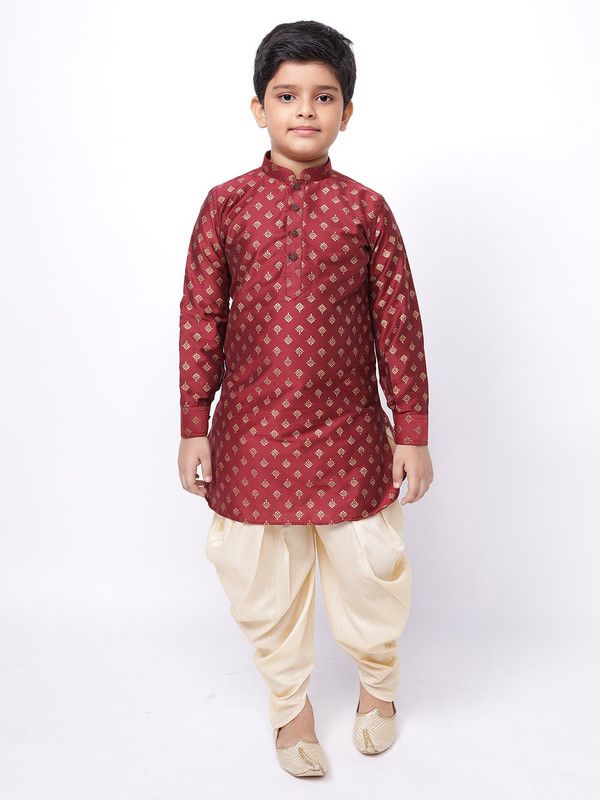 Boys Printed Silk Blend Straight Kurta  (Maroon)