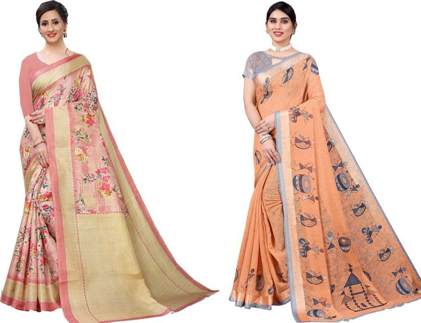 Printed Daily Wear Pure Silk, Art Silk Saree  (Pack of 2, Pink, Orange)