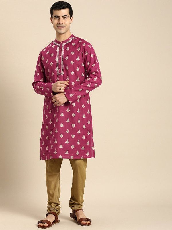 Men Printed Polyester Straight Kurta  (Pink, White)