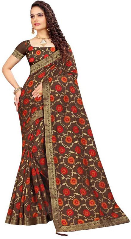 Floral Print Bollywood Silk Blend Saree  (Brown)