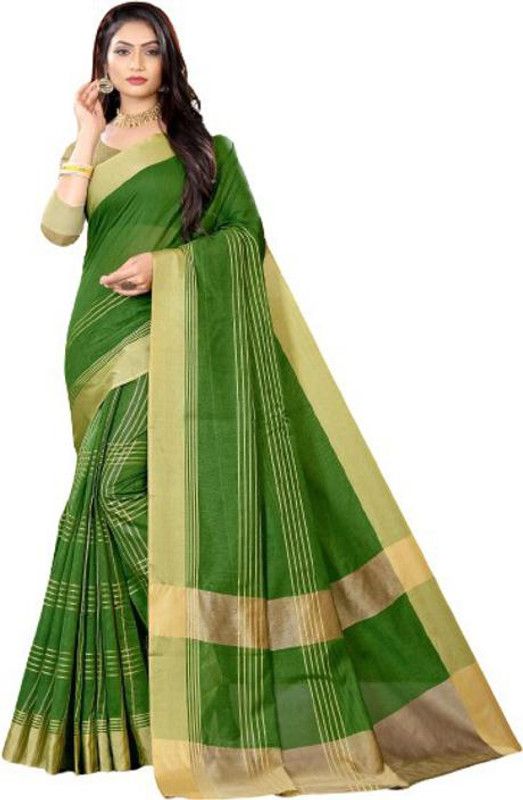 Solid/Plain Bollywood Cotton Blend Saree  (Green, Gold)