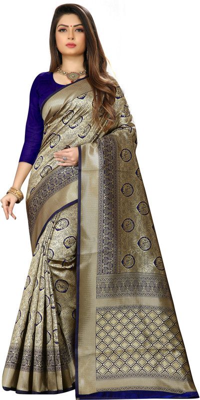 Woven Banarasi Silk Blend, Cotton Blend Saree  (Gold, Blue)