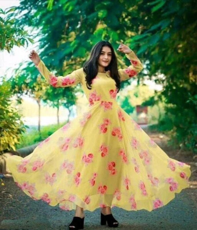 Women Floral Print Georgette Anarkali Kurta  (Yellow)