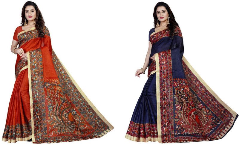 Floral Print Kalamkari Pure Silk Saree  (Pack of 2, Multicolor)