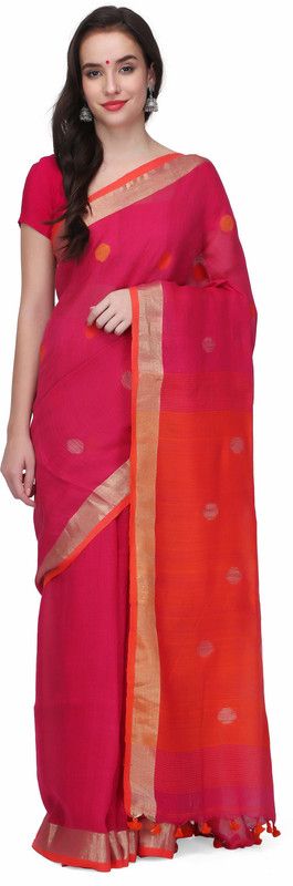 Embellished Handloom Cotton Linen Saree  (Pink, Orange)