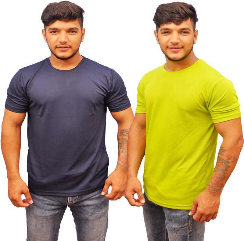Pack of 2 Men Solid Round Neck Viscose Rayon Dark Blue, Green T-Shirt