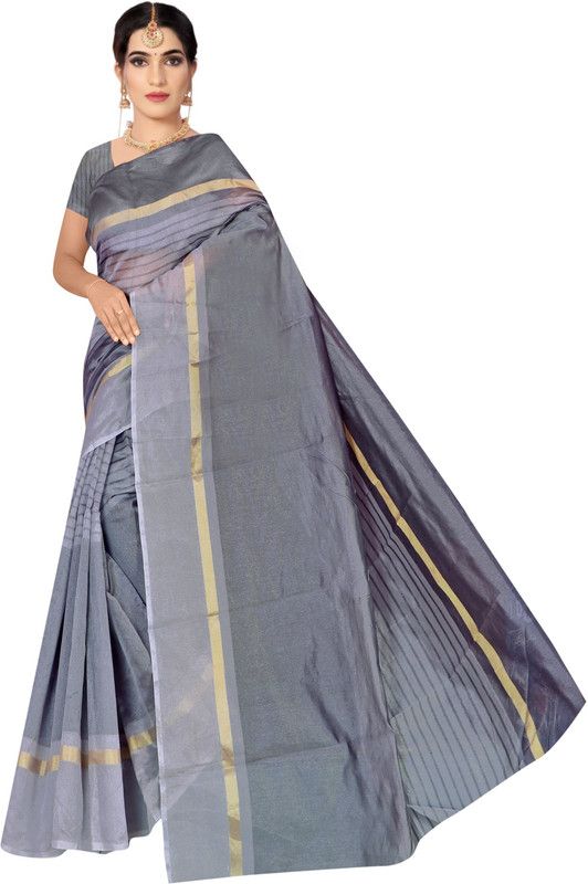 Striped Bhagalpuri Chanderi Saree  (Grey)