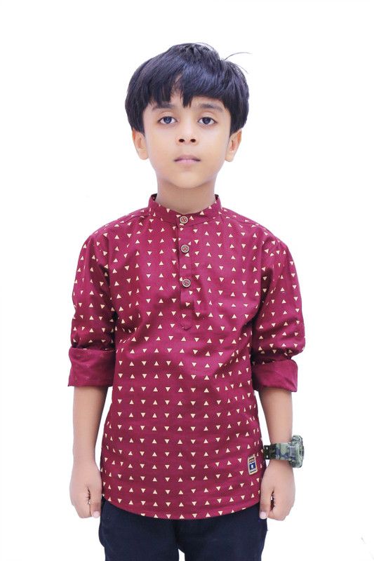 Boys Printed Pure Cotton Straight Kurta  (Maroon)
