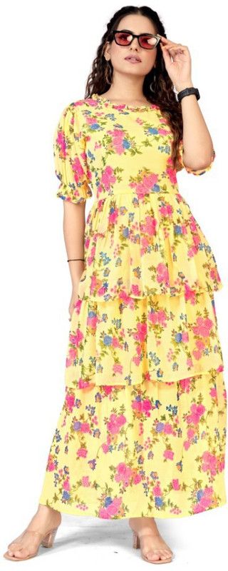 Georgette Stitched Flared/A-line Gown  (Yellow)